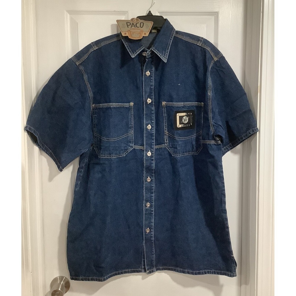 Vintage 90s Paco Sport Big Logo Embroidered Dark Denim Jean Jacket L Streetwear